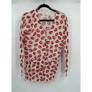 Pearl Junkie Womens Cardigan Size M Linen Blend Red Lips Print‎ Novelty Kitsch